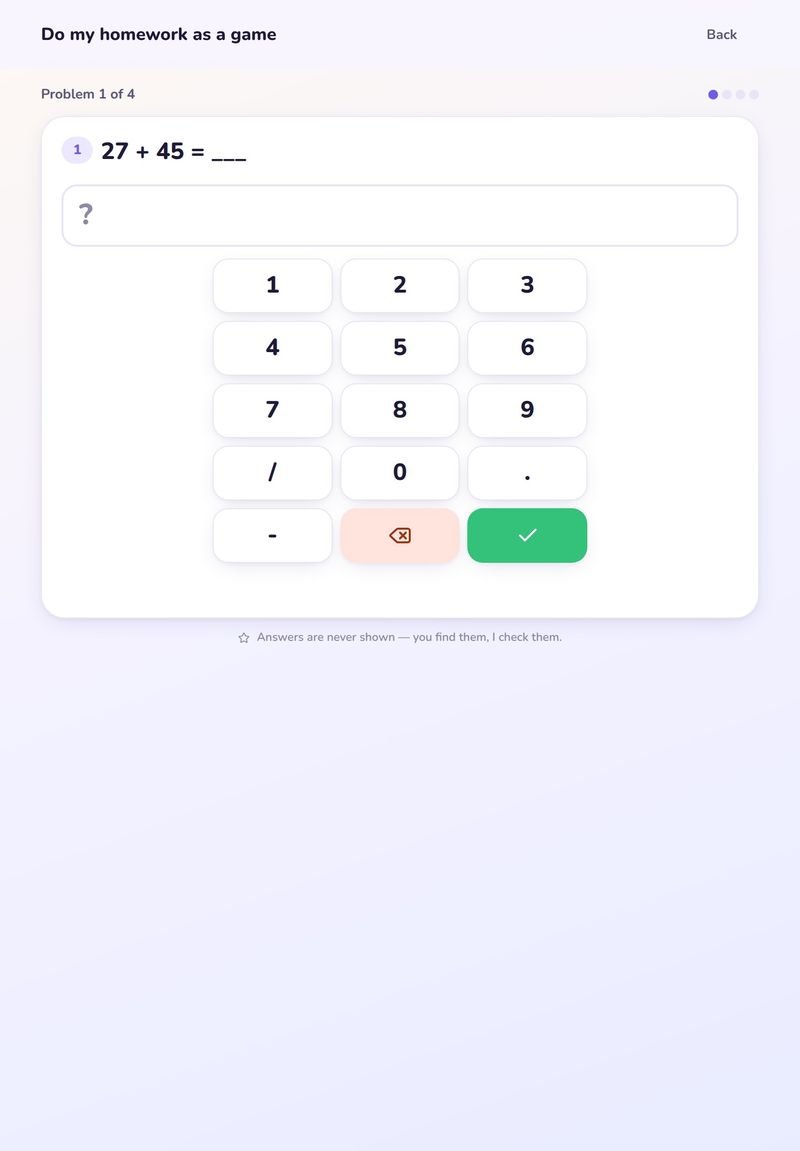 A homework problem in Koalu with a number keypad