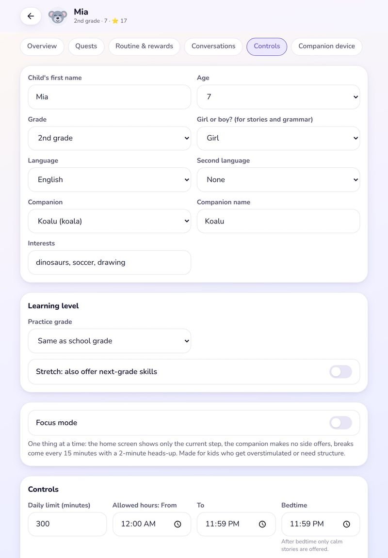 Parent Hub controls for grade, daily limit, allowed hours and bedtime